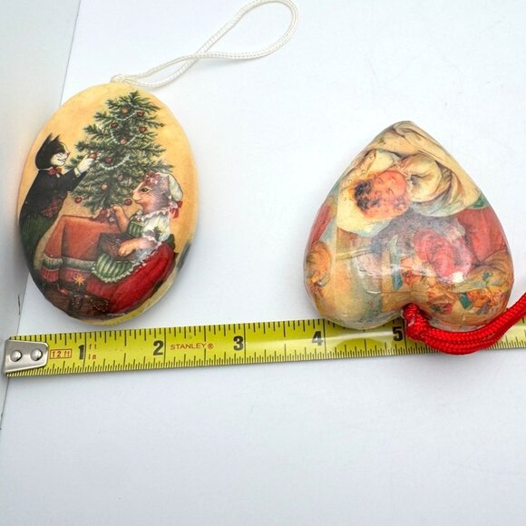 Paper Mache Christmas Ornaments Heart & Oval 1989 Cats Tree Old Fashioned Vtg - Picture 3 of 7